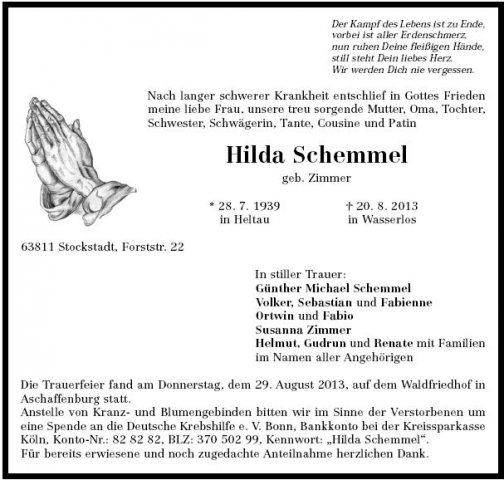 Zimmer Hilda 1939-2013 Todesanzeige